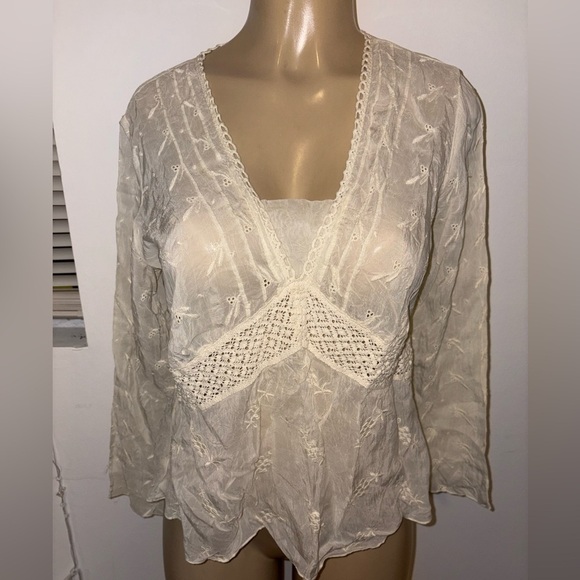 Johnny Was Tops - Johnny Was Ivory Embroidered Deep V Neck Long Sleeve Blouse Size S